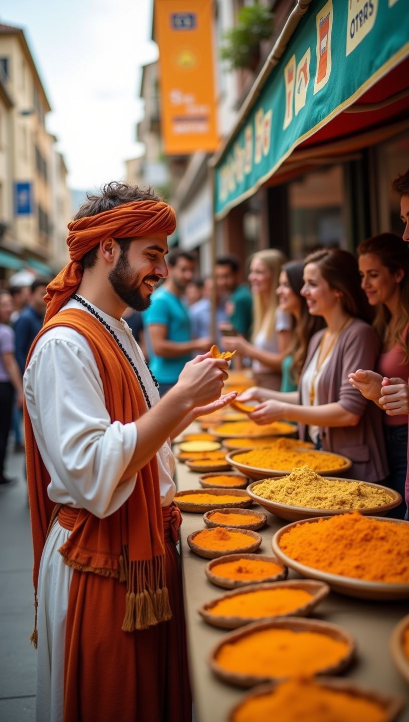 Διαφορετικά μπαχαρικά, συμπεριλαμβανομένης της κουρκουμά, τοποθετημένα σε ξύλινη επιφάνεια για διατροφικές συμβουλές.