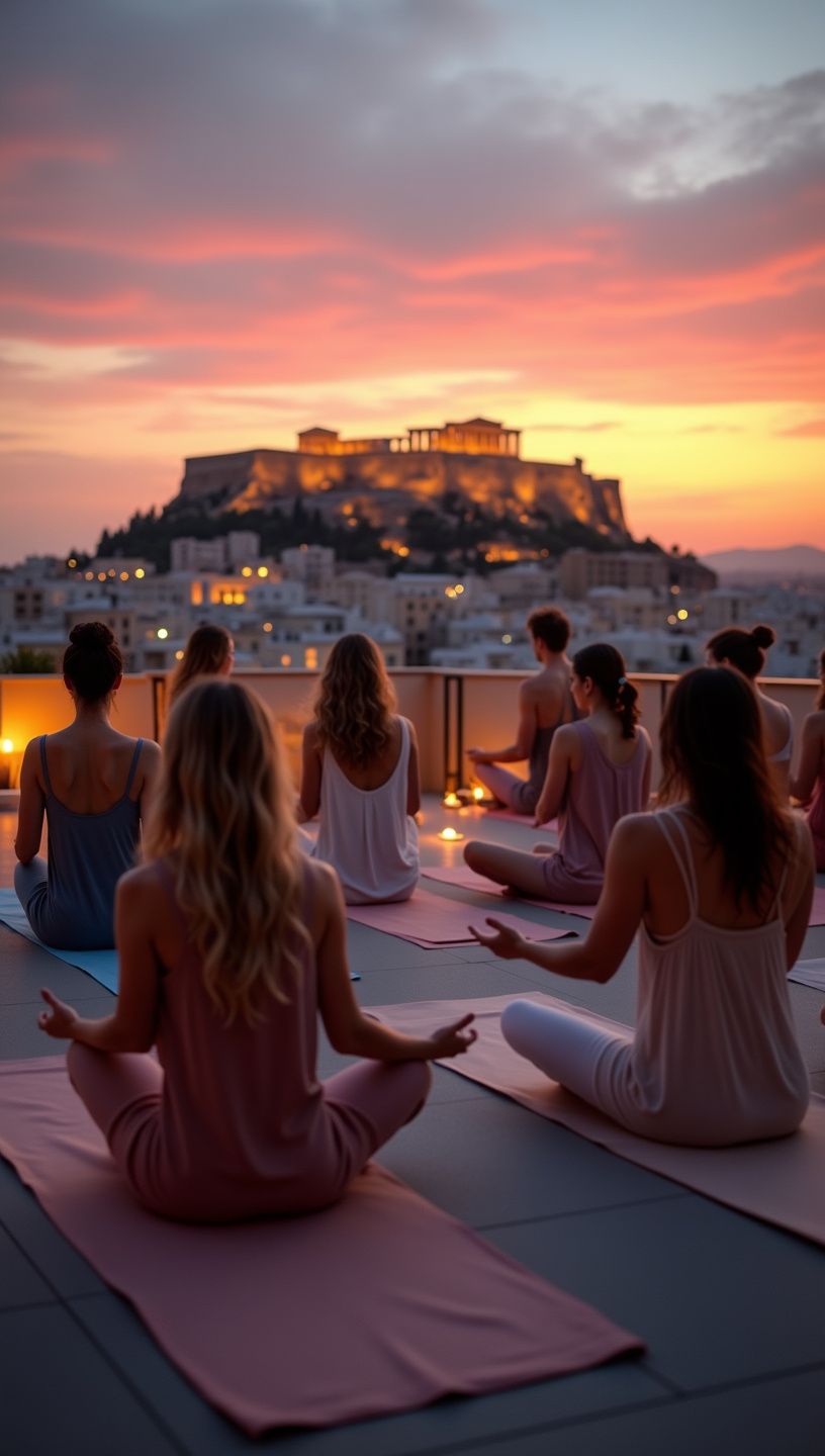 Εικόνα από έναν δάσκαλο γιόγκα που καθοδηγεί μια ομάδα στην παραλία κατά τη διάρκεια της ανατολής.